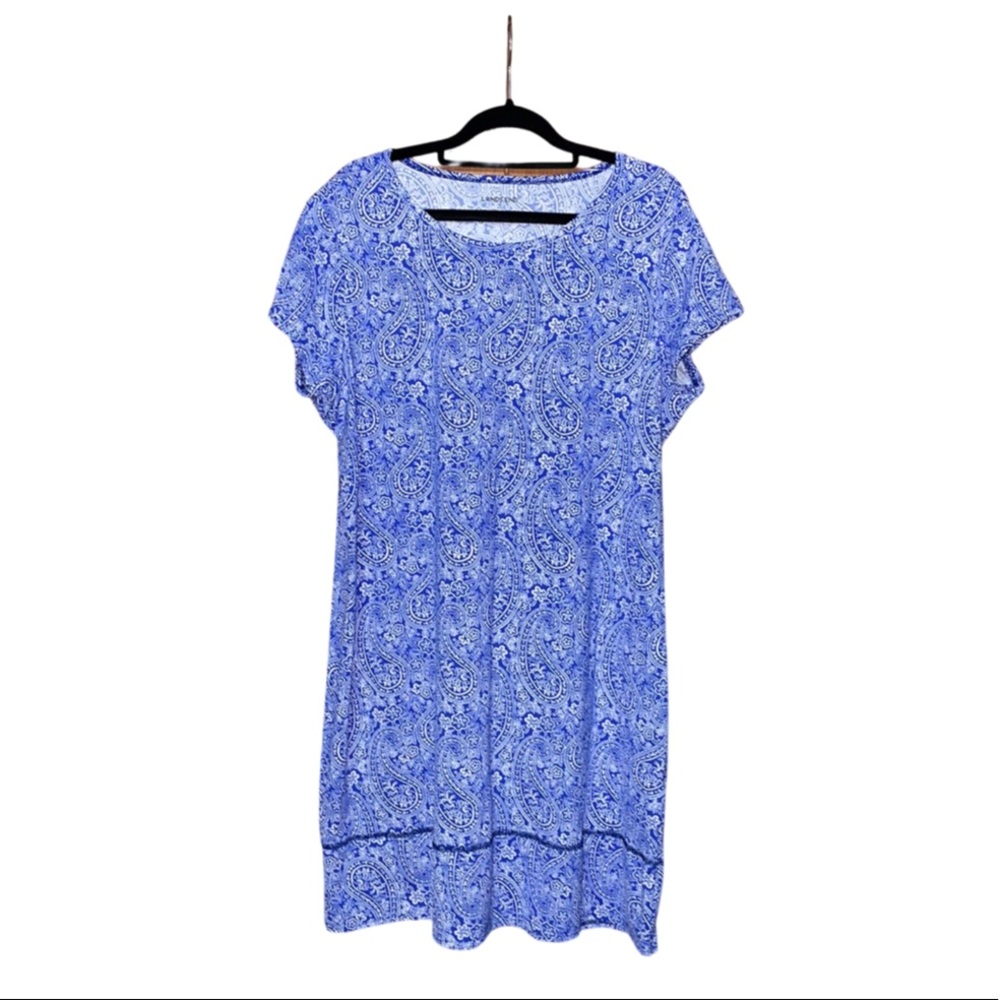 Lands End Scoop Neck Dress - White & Blue - Size 14-16